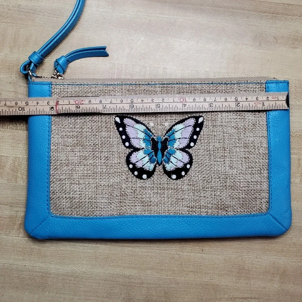 Talbots Blue Leather Trim Jute Butterfly Embroidered Wristlet Clutch Bag